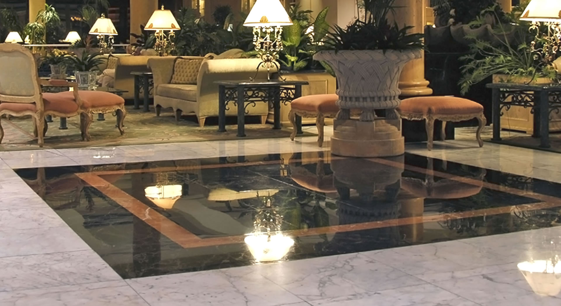Polished marble floor in hotel lobby
