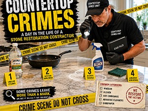 Infographic 'Countertop Crimes' showing a stone contractor at a workbench with crime-scene tape, markers, and a list of common countertop crimes.