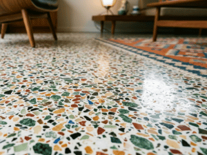 Close-up of a terrazzo floor with multicolored chips in a living room, with a sofa and coffee table visible in the background.